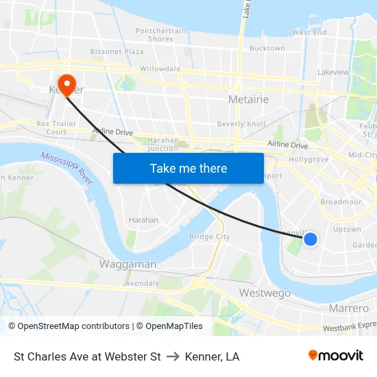 St Charles Ave at Webster St to Kenner, LA map