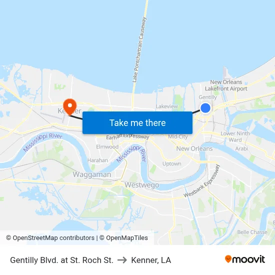 Gentilly Blvd. at St. Roch St. to Kenner, LA map