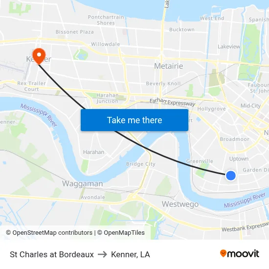 St Charles at Bordeaux to Kenner, LA map