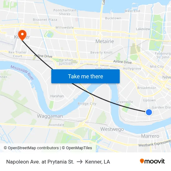 Napoleon Ave. at Prytania St. to Kenner, LA map