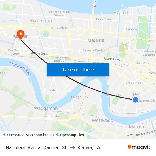 Napoleon Ave. at Danneel St. to Kenner, LA map