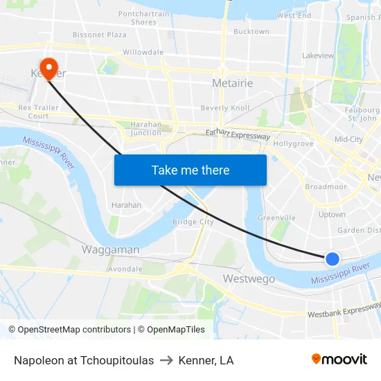 Napoleon at Tchoupitoulas to Kenner, LA map