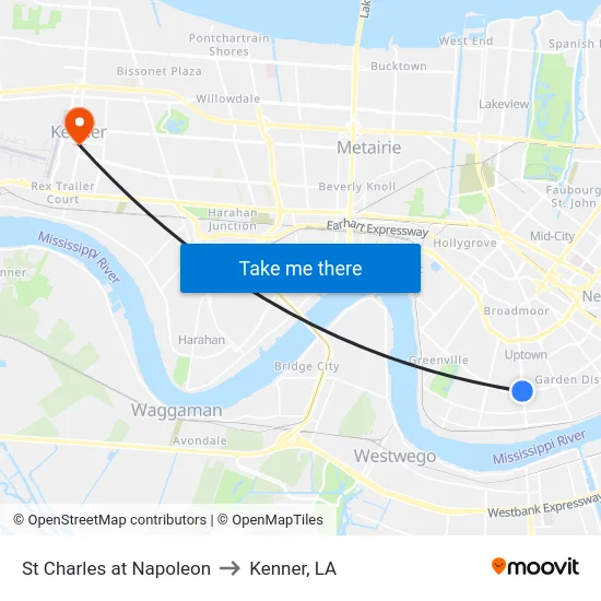 St Charles at Napoleon to Kenner, LA map