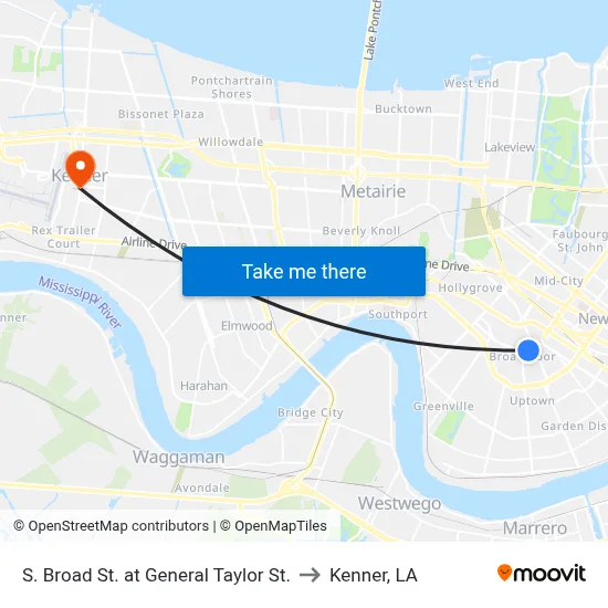 S. Broad St. at General Taylor St. to Kenner, LA map