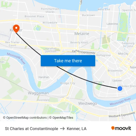 St Charles at Constantinople to Kenner, LA map