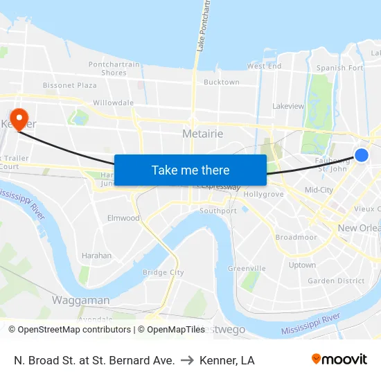 N. Broad St. at St. Bernard Ave. to Kenner, LA map