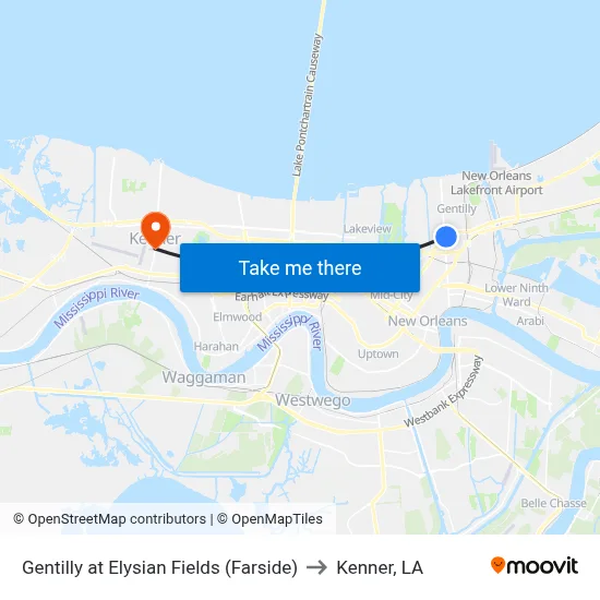Gentilly at Elysian Fields (Farside) to Kenner, LA map