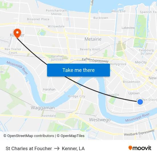 St Charles at Foucher to Kenner, LA map