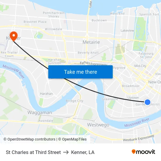 St Charles at Third Street to Kenner, LA map