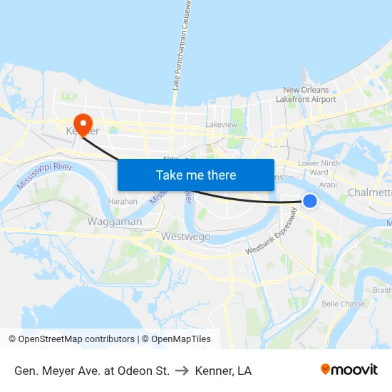Gen. Meyer Ave. at Odeon St. to Kenner, LA map