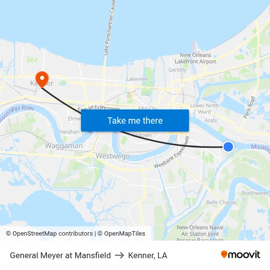 General Meyer at Mansfield to Kenner, LA map