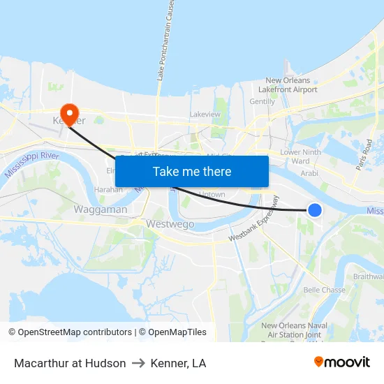 Macarthur at Hudson to Kenner, LA map
