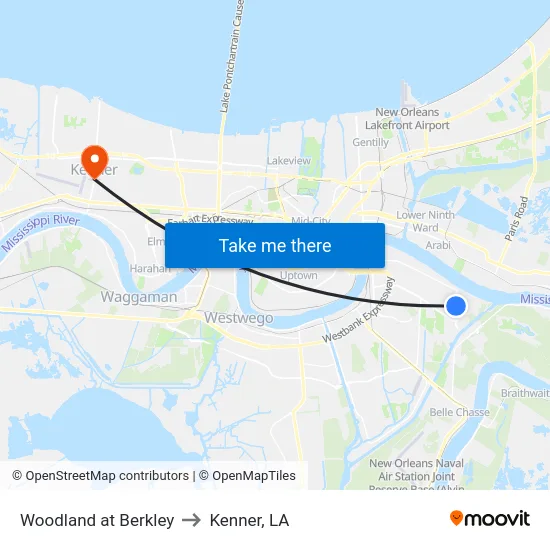 Woodland at Berkley to Kenner, LA map