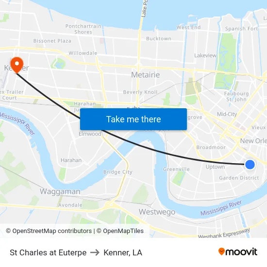 St Charles at Euterpe to Kenner, LA map