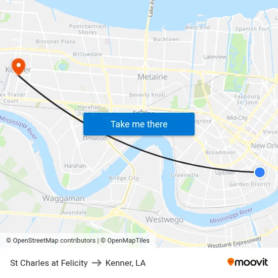 St Charles at Felicity to Kenner, LA map