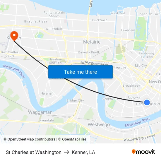St Charles at Washington to Kenner, LA map
