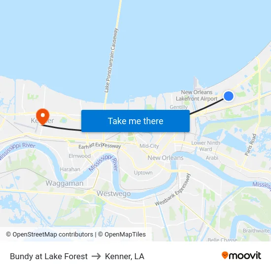 Bundy at Lake Forest to Kenner, LA map
