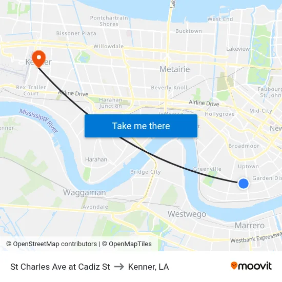 St Charles Ave at Cadiz St to Kenner, LA map