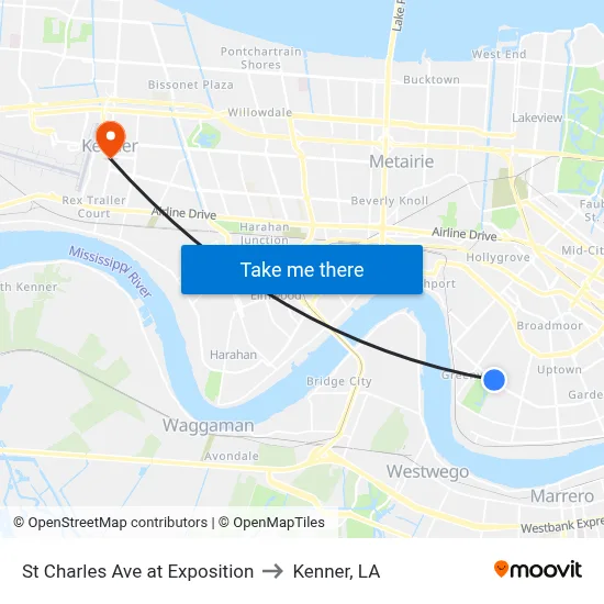 St Charles Ave at Exposition to Kenner, LA map