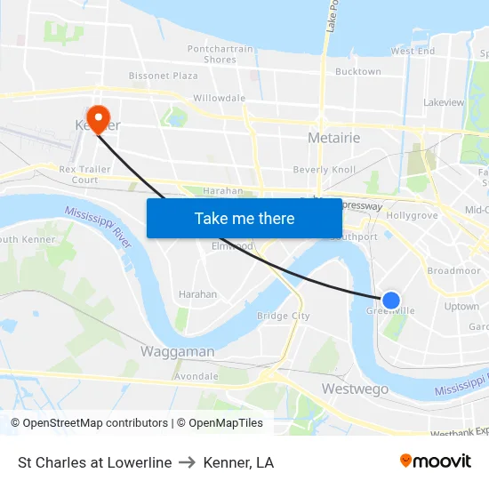 St Charles at Lowerline to Kenner, LA map
