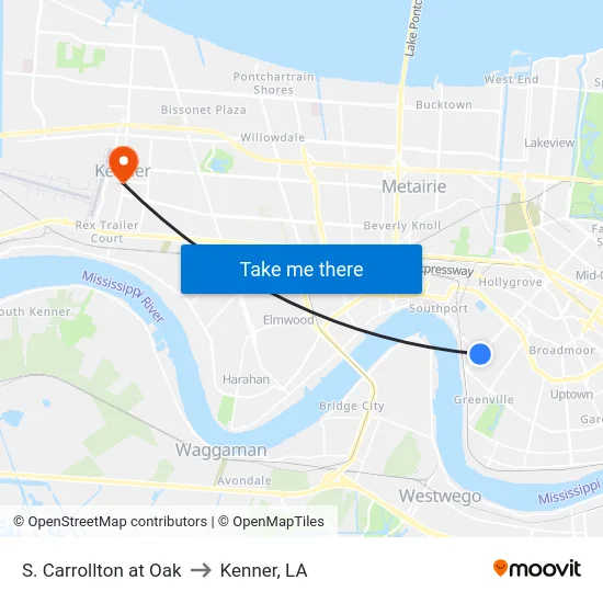 S. Carrollton at Oak to Kenner, LA map