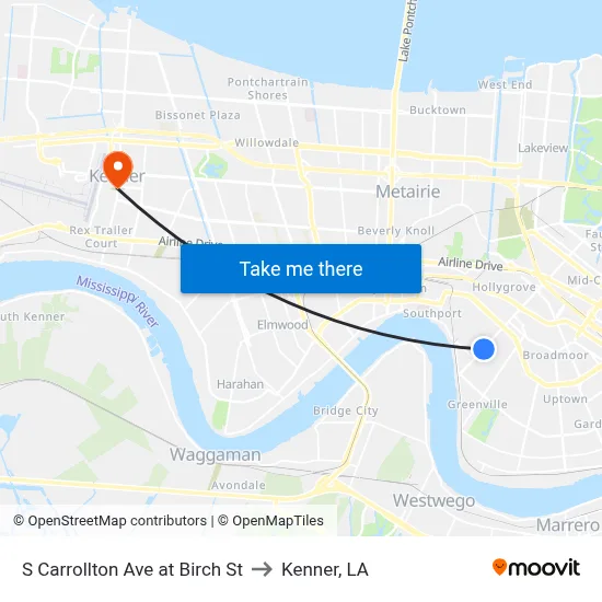 S Carrollton Ave at Birch St to Kenner, LA map