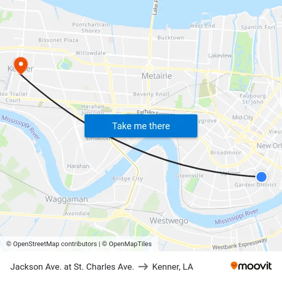 Jackson Ave. at St. Charles Ave. to Kenner, LA map