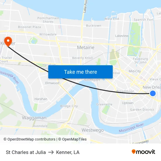 St Charles at Julia to Kenner, LA map