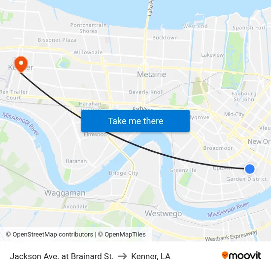 Jackson Ave. at Brainard St. to Kenner, LA map