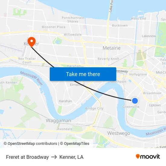 Freret at Broadway to Kenner, LA map