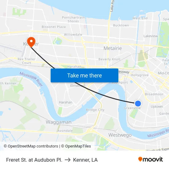 Freret St. at Audubon Pl. to Kenner, LA map