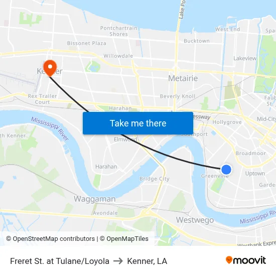 Freret St. at Tulane/Loyola to Kenner, LA map