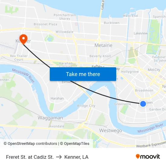 Freret St. at Cadiz St. to Kenner, LA map