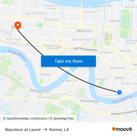 Napoleon at Laurel to Kenner, LA map