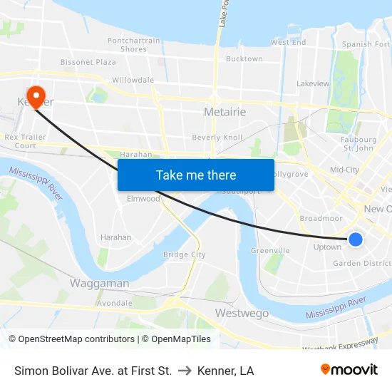 Simon Bolivar Ave. at First St. to Kenner, LA map