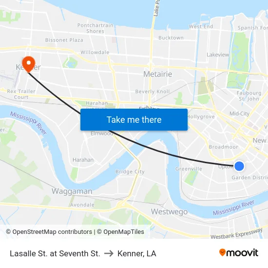 Lasalle St. at Seventh St. to Kenner, LA map