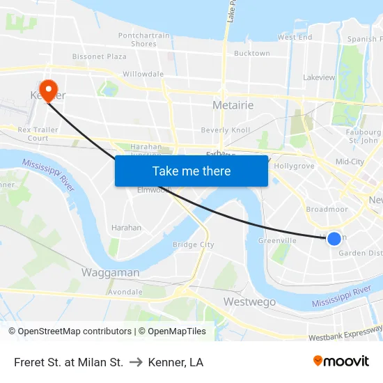 Freret St. at Milan St. to Kenner, LA map