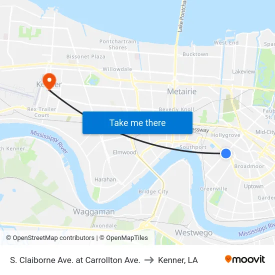 S. Claiborne Ave. at Carrollton Ave. to Kenner, LA map