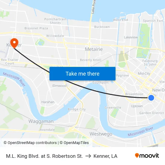 M.L. King Blvd. at S. Robertson St. to Kenner, LA map