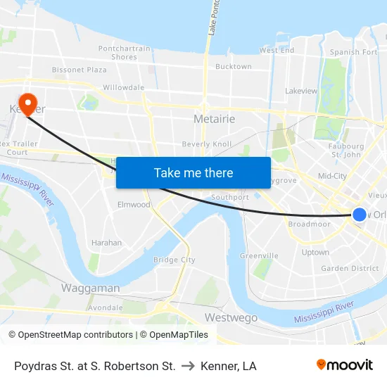 Poydras St. at S. Robertson St. to Kenner, LA map