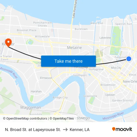 N. Broad St. at Lapeyrouse St. to Kenner, LA map