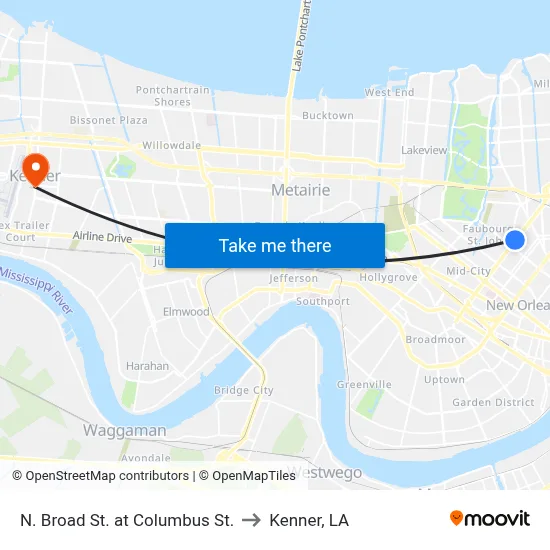 N. Broad St. at Columbus St. to Kenner, LA map