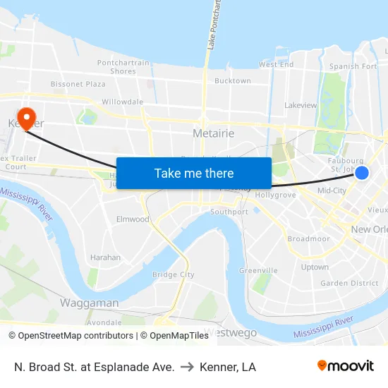 N. Broad St. at Esplanade Ave. to Kenner, LA map