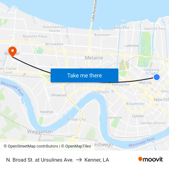 N. Broad St. at Ursulines Ave. to Kenner, LA map