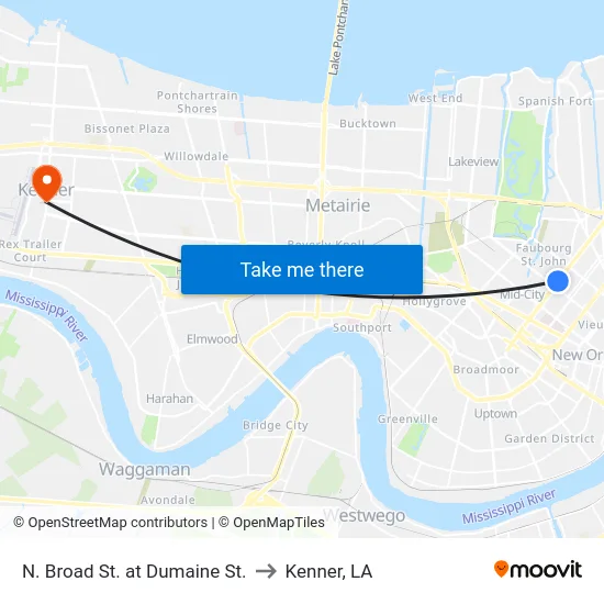 N. Broad St. at Dumaine St. to Kenner, LA map