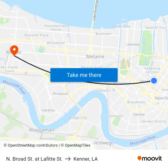 N. Broad St. at Lafitte St. to Kenner, LA map