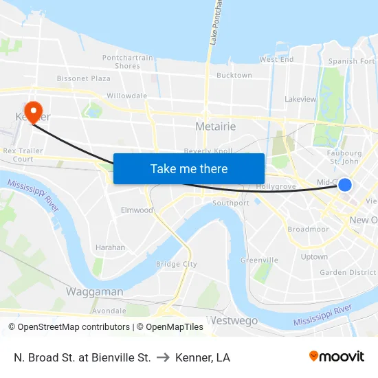 N. Broad St. at Bienville St. to Kenner, LA map