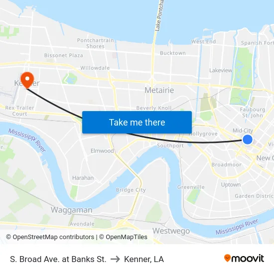 S. Broad Ave. at Banks St. to Kenner, LA map