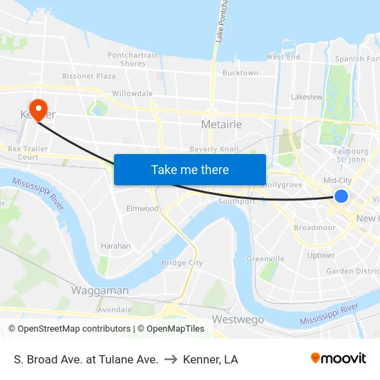 S. Broad Ave. at Tulane Ave. to Kenner, LA map