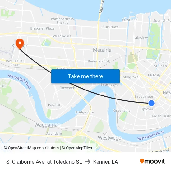 S. Claiborne Ave. at Toledano St. to Kenner, LA map